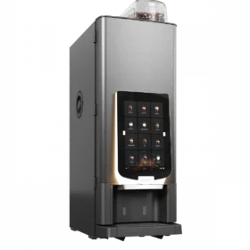 En moderne kaffemaskin i rustfritt stål med digitalt berøringsdisplay og en gjennomsiktig bønnebeholder på toppen.
