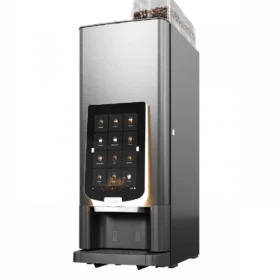 En moderne automatisk kaffemaskin med digital berøringsskjerm og en gjennomsiktig bønnebeholder på toppen.