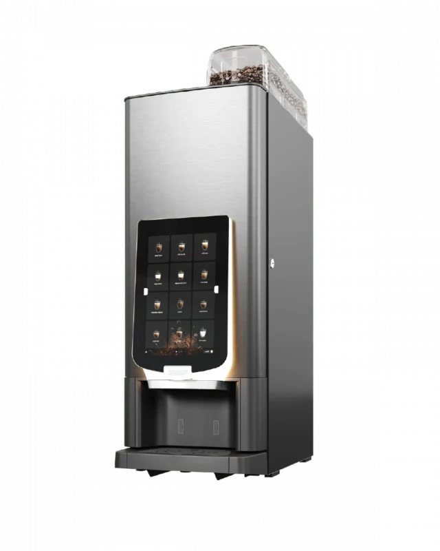 En moderne automatisk kaffemaskin med digital berøringsskjerm og en gjennomsiktig bønnebeholder på toppen.