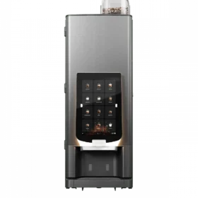 En moderne automatisk kaffemaskin med berøringsskjerm, flere drikkealternativer og et rom for kaffebønner på toppen.