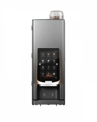 En moderne automatisk kaffemaskin med berøringsskjerm, flere drikkealternativer og et rom for kaffebønner på toppen.