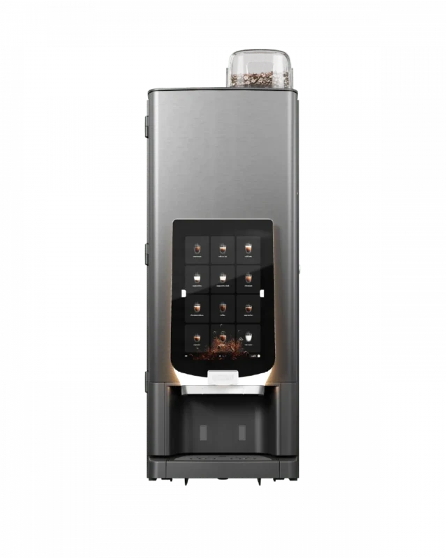 En moderne automatisk kaffemaskin med berøringsskjerm, flere drikkealternativer og et rom for kaffebønner på toppen.