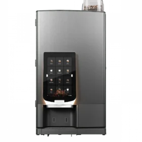 En moderne automatisk kaffemaskin med berøringsskjerm, bønnebeholder på toppen og doble uttak foran.