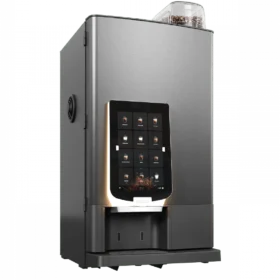 En moderne automatisk kaffemaskin med berøringsskjerm med drikkealternativer og en synlig bønnebeholder på toppen.