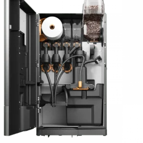 Åpen kaffemaskin med synlige rom, inkludert bønnebeholder, kvern, kaffegrut, rør og interne komponenter.