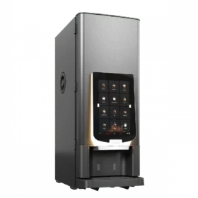 En automatisk kaffemaskin i rustfritt stål med berøringsskjermmeny som viser ulike drikkealternativer.