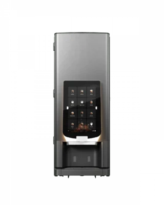 En moderne automatisk kaffemaskin med berøringsskjerm og to kaffetuter, plassert mot en mørk bakgrunn.