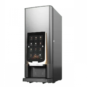 En moderne kaffeautomat med berøringsskjerm som viser flere drikkealternativer.