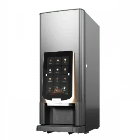 En moderne automatisk kaffemaskin med berøringsskjerm som viser drikkealternativer, mot en vanlig bakgrunn.