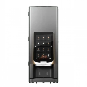 En sølvfarget automatisk kaffemaskin med berøringsskjerm og koppdispenser, vist mot en mørkt mønstret bakgrunn.