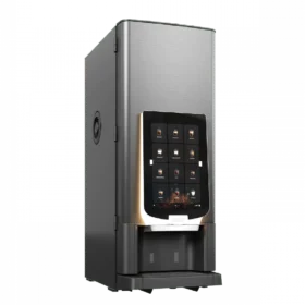 En automatisk kaffemaskin i rustfritt stål med berøringsskjerm som viser ulike drikkealternativer.