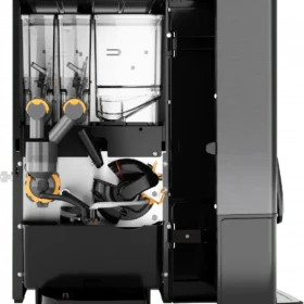 Tverrsnitt av en kaffemaskin som viser interne komponenter, inkludert vannbeholder, kverner og bryggemekanisme.