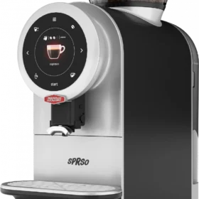 En moderne kaffemaskin med et digitalt display som viser et espressoikon, en bønnebeholder på toppen og en koppplattform nederst.