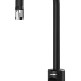 Escowa albatross pro 1 vanndispenser er en svart svanehals kjøkkenkran med to runde betjeningsknapper på undersiden og en sølvfarget spiss på tuten.