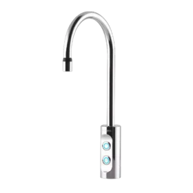 En moderne kjøkkenkran i rustfritt stål med en høy, buet tut og et betjeningspanel med to runde knapper på undersiden - perfekt for vanndispenser-bedriftsoppsett.