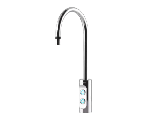 En moderne kjøkkenkran i rustfritt stål med en høy, buet tut og et betjeningspanel med to runde knapper på undersiden - perfekt for vanndispenser-bedriftsoppsett.