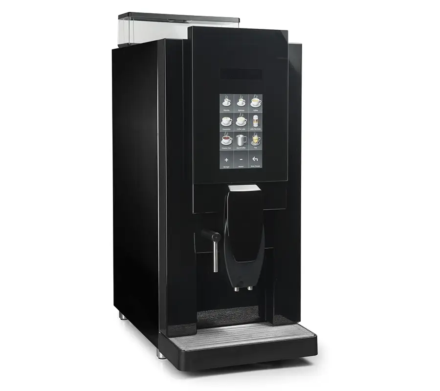 Moderne svart kaffeautomat med digitalt display og valgknapper, isolert på hvit bakgrunn, ideell for bedriftsbruk.