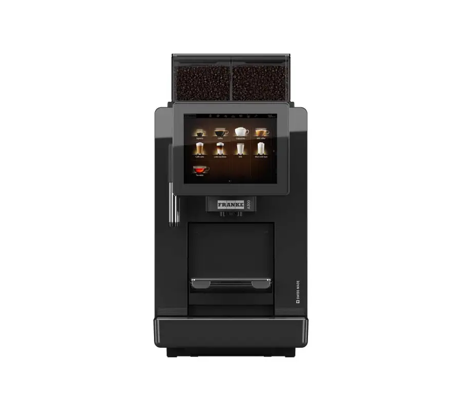 En moderne svart kaffemaskin med digitalt display som viser ulike kaffealternativer, og et rom for uttak av kaffe under.