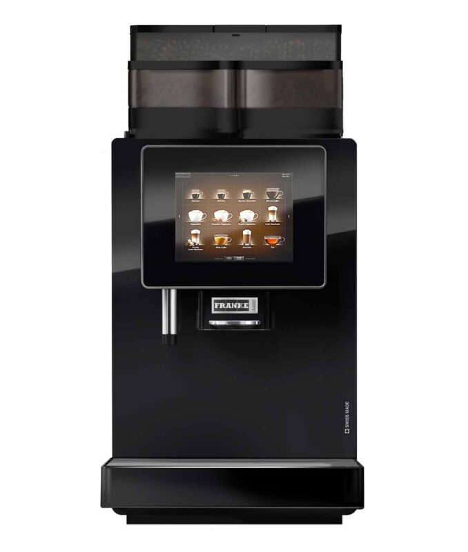 En Franke A400 kaffemaskin med digitalt display som viser ulike kaffealternativer, i svart farge.