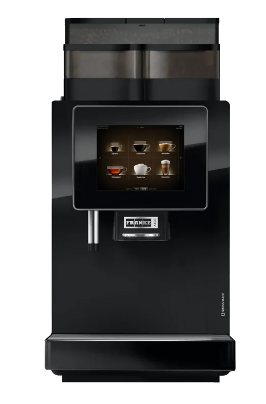 Moderne svart kaffemaskin med digitalt display som viser ulike kaffealternativer og et dryppbrett i krom, ideelt for ethvert forretningsmiljø.