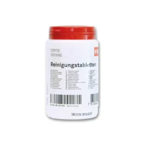 En krukke med rensetabletter for kaffesystem med rødt lokk, som viser baketiketten med tekst og strekkode.