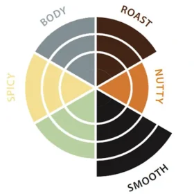 Et sirkulært diagram med kaffesmakshjul delt inn i fire kvadranter merket "kropp", "stekt", "nøtteaktig" og "glatt", hver skyggelagt med gradientfarger som spenner fra lys til mørk.