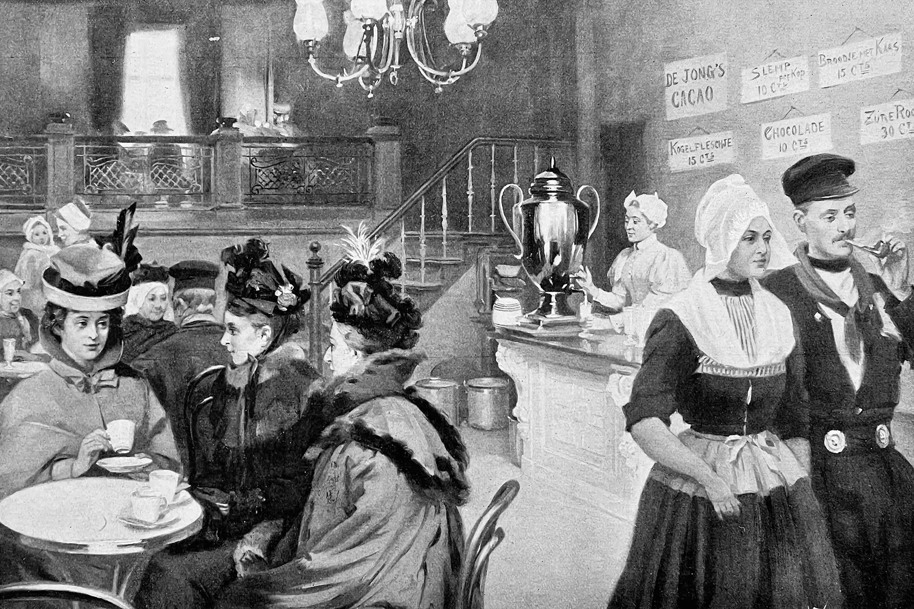 Kafescene fra viktoriansk tid med kvinner i hatter som sitter ved bordene, en server i tradisjonell kjole og en disk med en stor samovar og menyskilt – et tidlig nikk til hvordan dagens kaffemaskin øker produktiviteten.