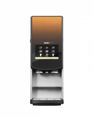 En kommersiell kaffemaskin med digital skjerm og knapper for ulike drikkealternativer, med to utskjenkningsdyser og dryppbrett.