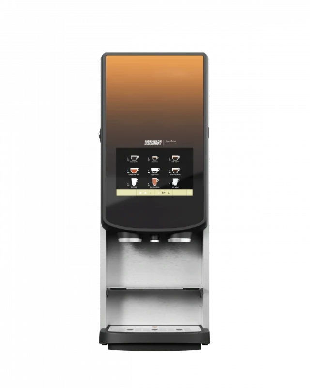 En kommersiell kaffemaskin med digital skjerm og knapper for ulike drikkealternativer, med to utskjenkningsdyser og dryppbrett.