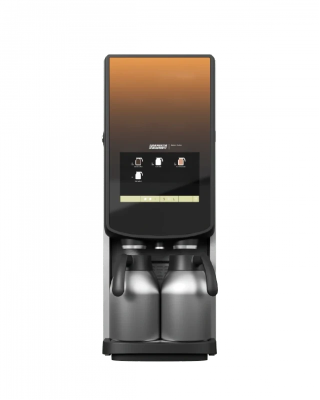 En kommersiell kaffemaskin med berøringsskjerm og to metallkarafler plassert under dispenseren.