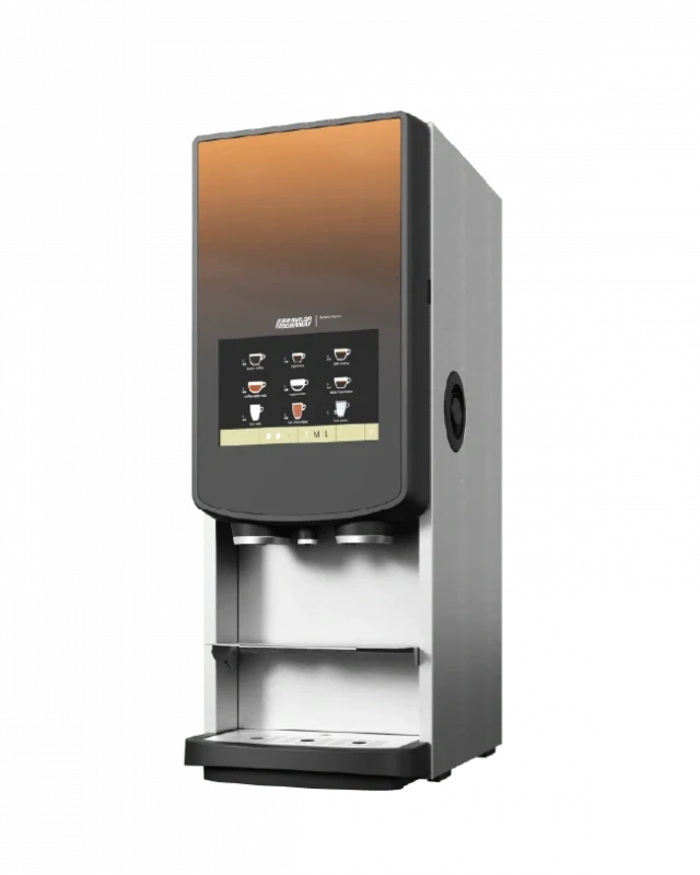 En kommersiell kaffemaskin med berøringsskjerm som viser ulike drikkealternativer, et utleveringsområde under og et moderne design i rustfritt stål.
