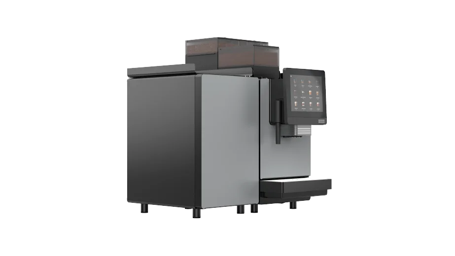En moderne, profesjonell kaffemaskin med berøringsskjerm og flere rom, utviklet for automatisk tilberedning av drikkevarer.