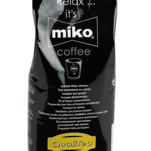 En svart pose Miko instant sitron tea med teksten "Relax it's Miko coffee" og "QualiTea Vending" på forsiden. Flere oversettelser av "Instant tea lemon" vises.