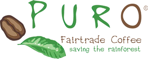 Logo med ordet "puro" i grønt med en kaffebønne og et blad, sammen med undertittelen "fairtrade kaffe - redder regnskogen.