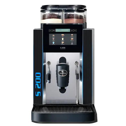 En moderne automatisk kaffemaskin med digitalt display og doble bønnebeholdere for bedrifter.