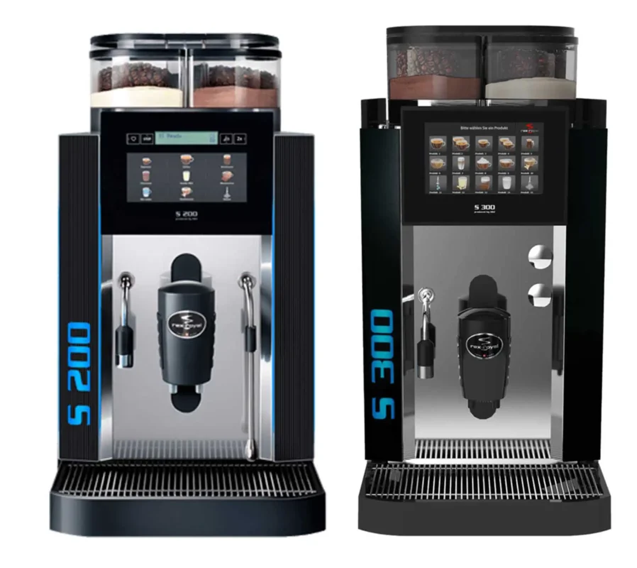 To modeller kommersielle kaffemaskiner med integrerte bønnebeholdere og digitale displayer, merket s200 og s300, designet for bedriftsbruk.