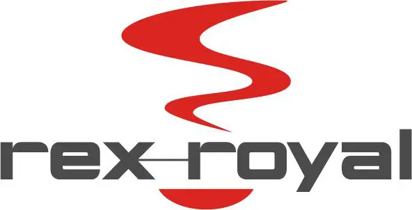 Logo av rex-royal med stiliserte røde 'er' over den grå små bokstaven "rex-royal kaffemaskin".