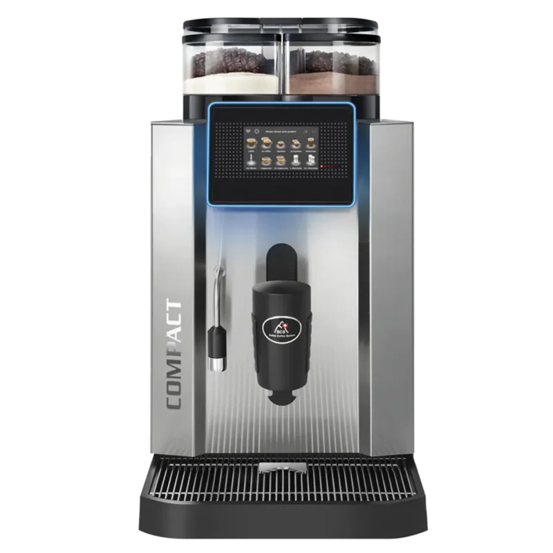 En moderne Rex Royal kompakt kommersiell kaffemaskin med digitalt display, med flere valgknapper og en koppholder.