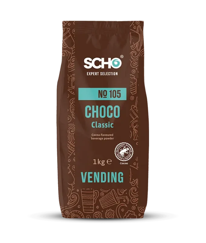En pose på 1 kg med schokolade expert selection no 105 choco classic, et drikkepulver med kakaosmak, designet for salgsautomater.