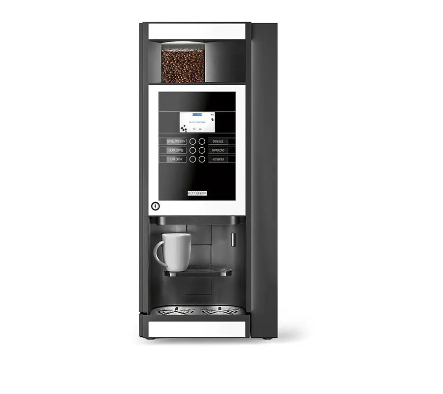 En moderne kaffemaskin designet for forretningsbruk, med et digitalt display og et klart rom fullt av kaffebønner som serverer kaffe i en hvit kopp.