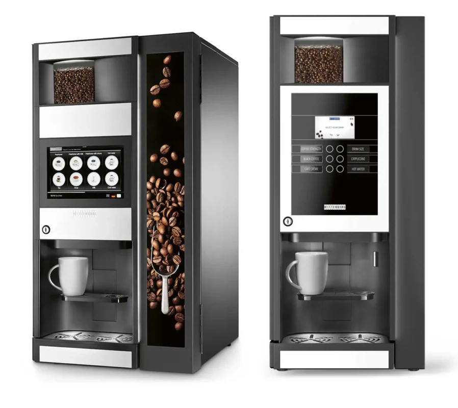 To visninger av en moderne kaffeautomat for bedrifter, med et digitalt display og en gjennomsiktig del som viser kaffebønner.